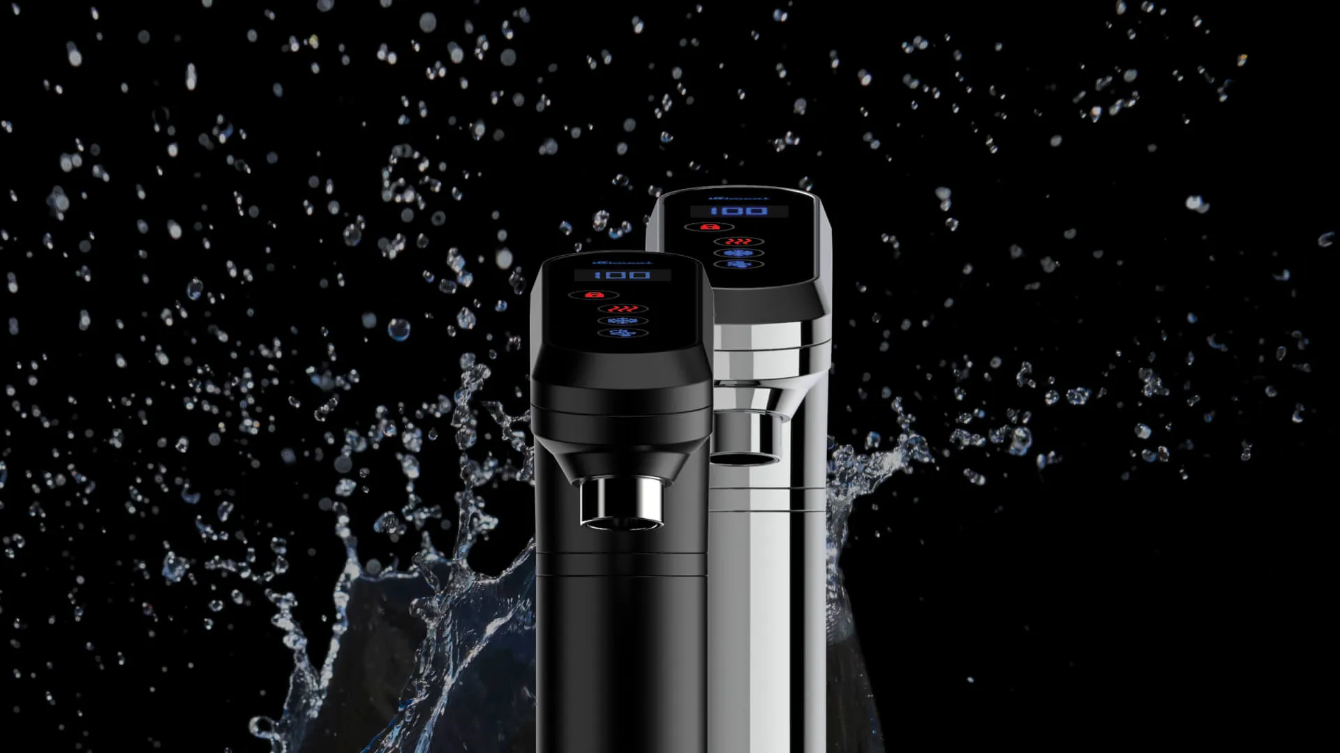 Close-up views of a modern stainless steel faucet with touchscreen controls displaying temperature and function icons.