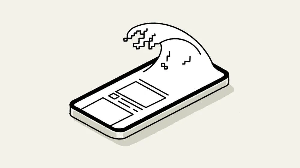 Illustration of a smartphone screen with a pixelated digital wave crashing over it.